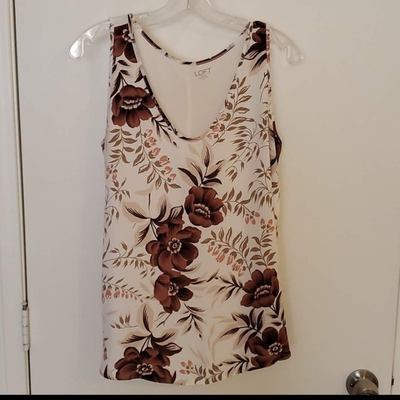 Loft Mix Media Floral Tank Top beautiful White w Tan/Brown/Pink Colors Size M - Picture 1 of 6